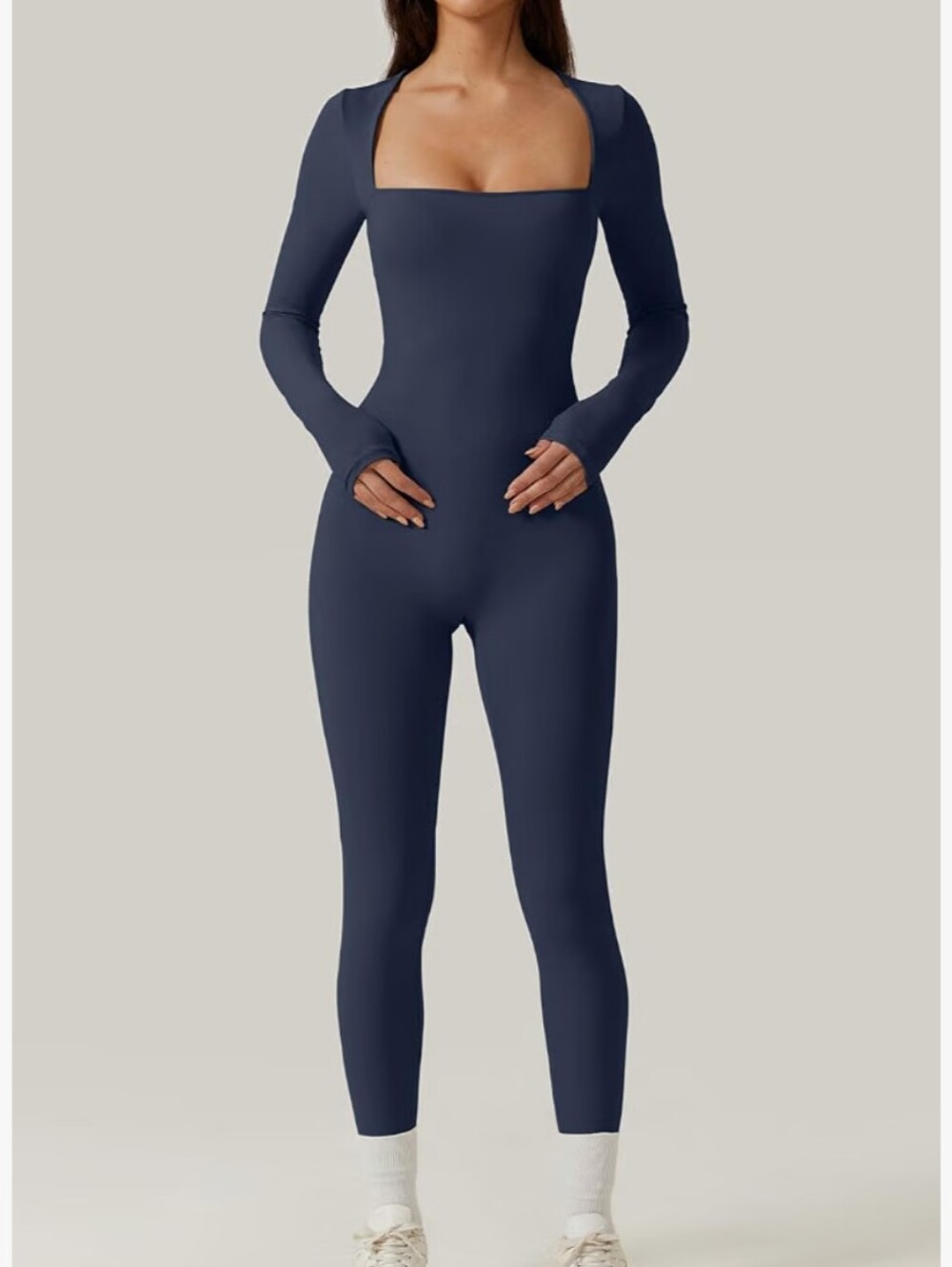 Long-Sleeve Square-Neck Jumpsuit in Navy, S